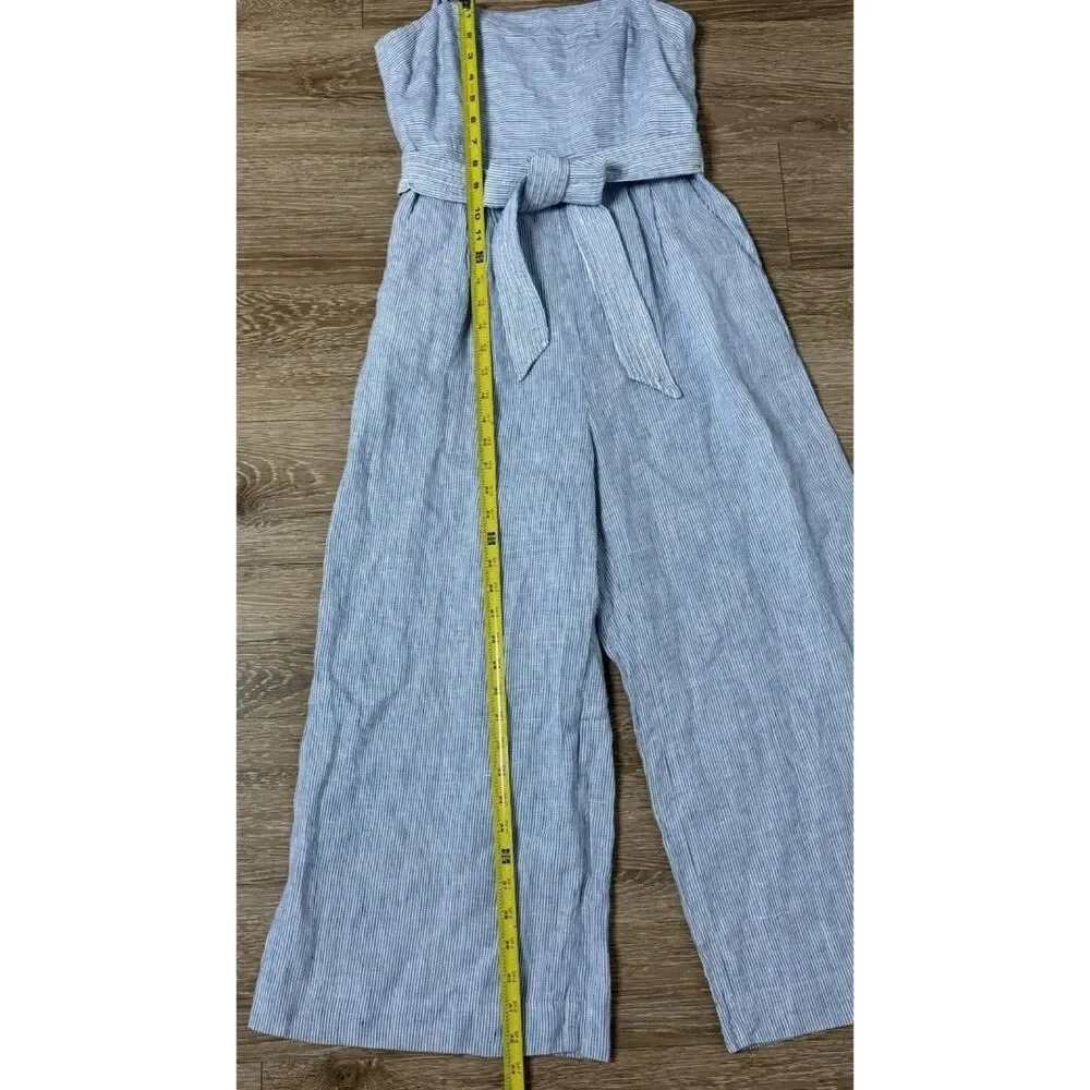 J. Crew Women’s Blue White Striped Linen Wide Leg Jumpsuit Preppy Size 0